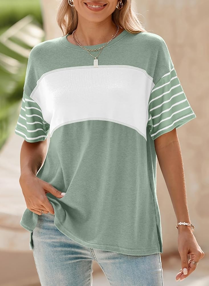 Summer Tops Trendy Oversized 2025 Crewneck Casual Color Block Striped Womens Shirts Blouses
