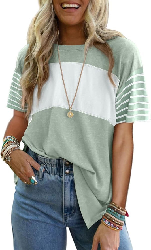 Summer Tops Trendy Oversized 2025 Crewneck Casual Color Block Striped Womens Shirts Blouses